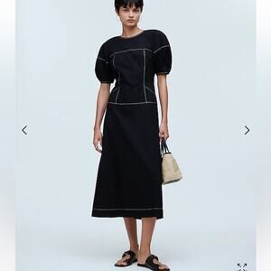 NWT Madewell Puff-Sleeve Drop-Waist Midi Dress Lightweight Cotton Black Size 0